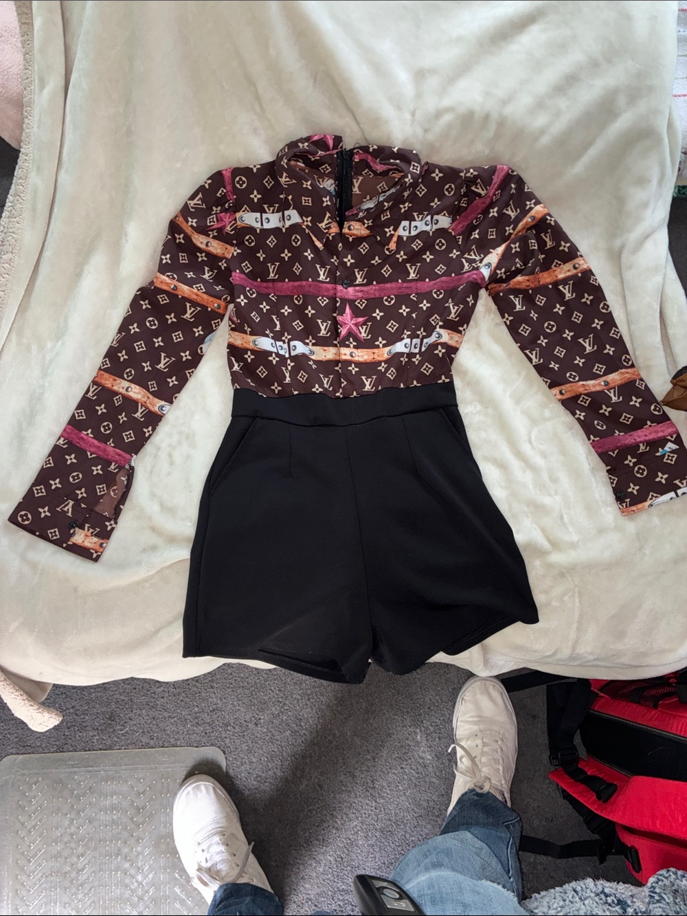 Brown Patterned Long-Sleeve Jumpsuit with Black Bottom